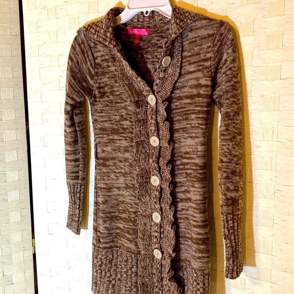 CHERRY STIX BROWN & CREAM CARDIGAN SWEATER RUFFLED FRONT Size Large BUTT…
